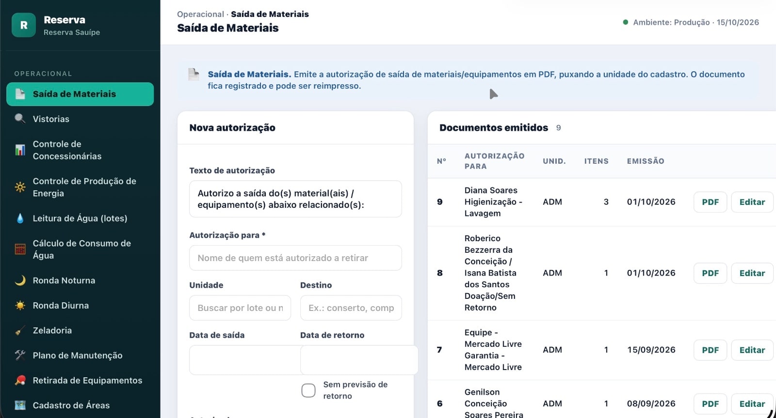 Controle de saída de material